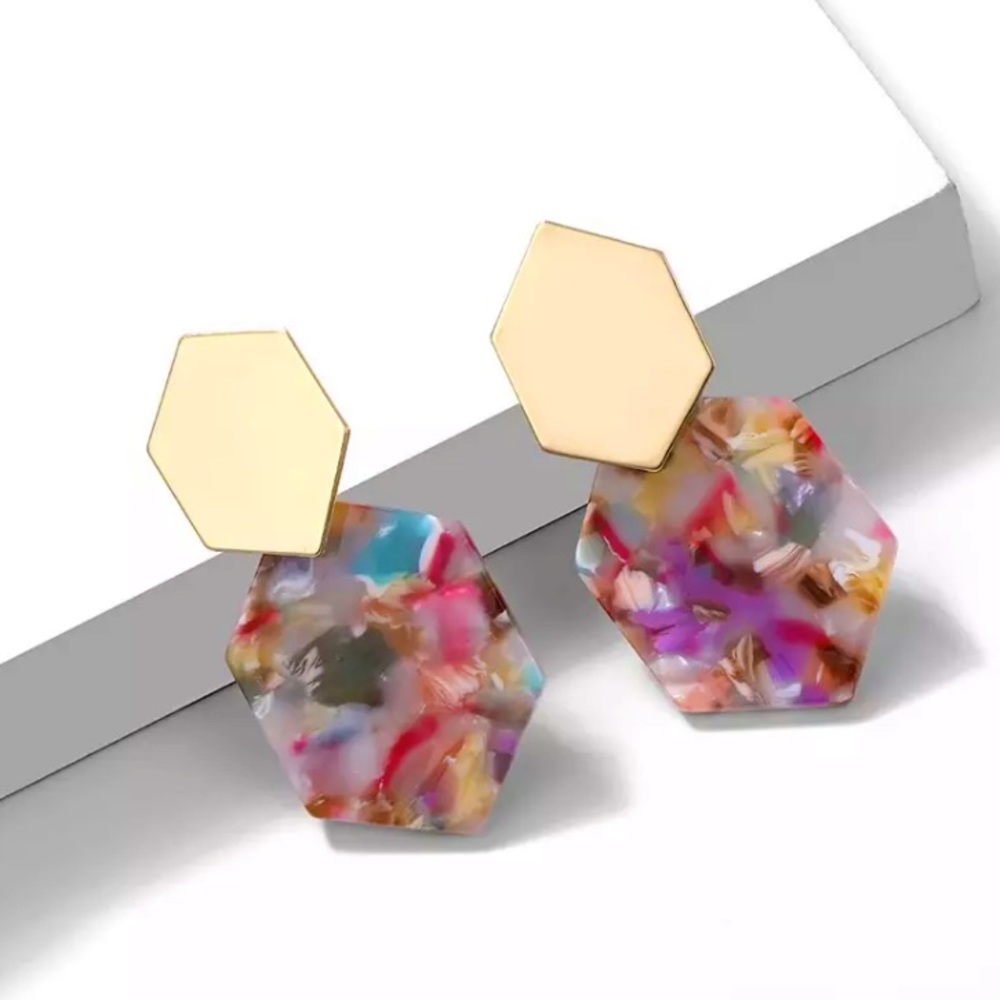 “Geometrically Inclined” Rainbow Hexagon Earrings